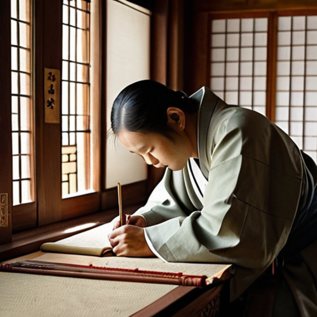 **Ancient Korean Scribes:** A dimly lit, ancient Korean Buddhist temple library. Monks meticulously hand-copying scriptures onto hanji paper. Focus on the intricate details of calligraphy, the aged paper, and the serene atmosphere. Include traditional Korean clothing (hanbok) and ink stones. The scene should evoke a sense of reverence for knowledge and tradition.
