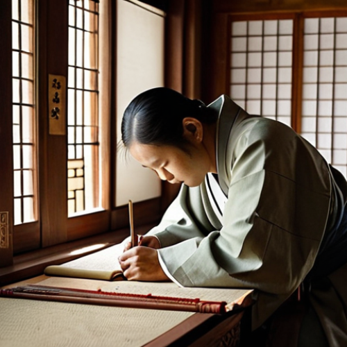 Home 15 **Ancient Korean Scribes:** A dimly lit, ancient Korean Buddhist temple library. Monks meticulously hand-copying scriptures onto hanji paper. Focus on the intricate details of calligraphy, the aged paper, and the serene atmosphere. Include traditional Korean clothing (hanbok) and ink stones. The scene should evoke a sense of reverence for knowledge and tradition.