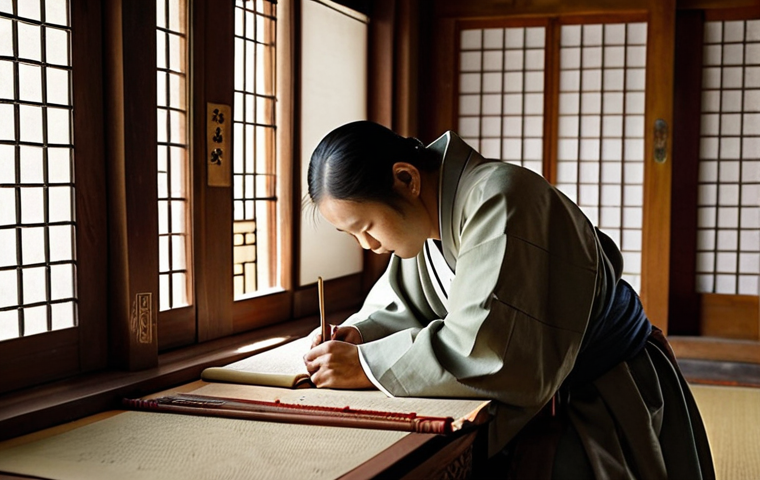 **Ancient Korean Scribes:** A dimly lit, ancient Korean Buddhist temple library. Monks meticulously hand-copying scriptures onto hanji paper. Focus on the intricate details of calligraphy, the aged paper, and the serene atmosphere. Include traditional Korean clothing (hanbok) and ink stones. The scene should evoke a sense of reverence for knowledge and tradition.