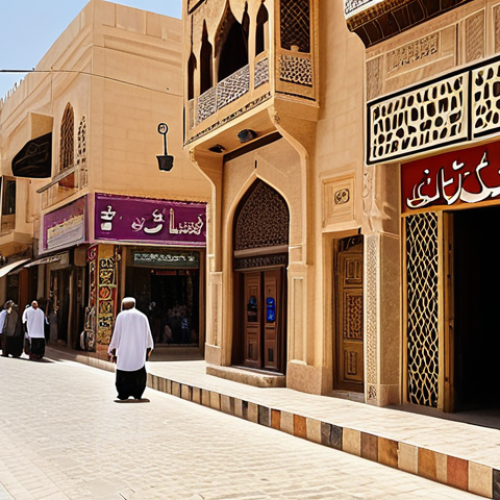 Home 7 A vibrant street scene in an Arab city, showcasing a mix of traditional architecture and modern storefronts. Signs are in Arabic, but some also feature English words or brand names. People are dressed in a combination of traditional and Western clothing, reflecting the blending of cultures. Capture the energy of daily life, highlighting the linguistic diversity.