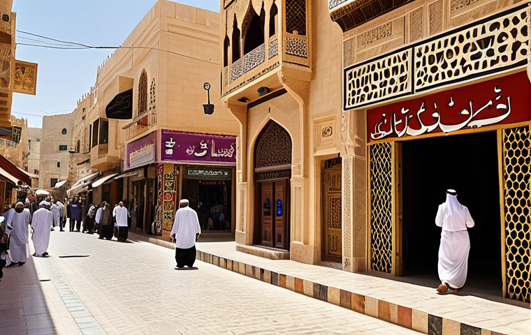 A vibrant street scene in an Arab city, showcasing a mix of traditional architecture and modern storefronts. Signs are in Arabic, but some also feature English words or brand names. People are dressed in a combination of traditional and Western clothing, reflecting the blending of cultures. Capture the energy of daily life, highlighting the linguistic diversity.