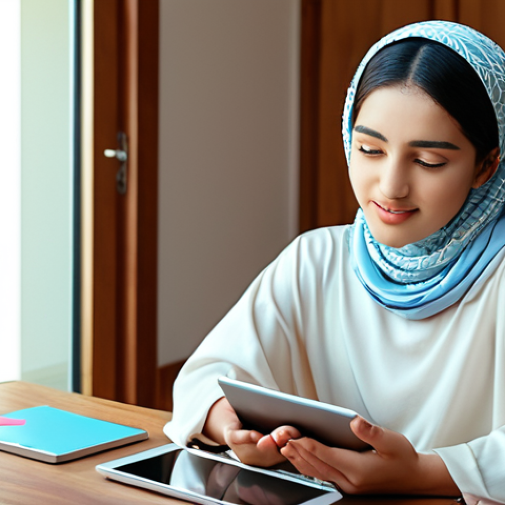 **AI-Powered Personalized Learning:** A vibrant and inviting indoor scene featuring a young Arab individual (gender ambiguous, 20s-30s) in contemporary attire, deeply focused on learning Korean using a sleek tablet or laptop. The screen displays bright Korean characters and a visually engaging, friendly AI interface with subtle glowing lines indicating personalized, instant feedback. The person's expression should convey concentration, confidence, and a sense of calm accomplishment, reflecting the non-judgmental environment of AI learning. The background is a modern, cozy home interior, subtly incorporating tasteful Arabic design elements like geometric patterns or soft textiles, creating a supportive and inspiring atmosphere.