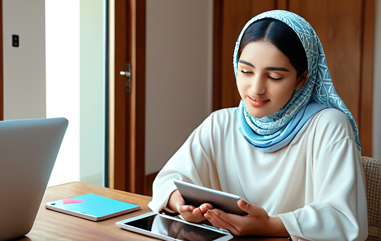 **AI-Powered Personalized Learning:** A vibrant and inviting indoor scene featuring a young Arab individual (gender ambiguous, 20s-30s) in contemporary attire, deeply focused on learning Korean using a sleek tablet or laptop. The screen displays bright Korean characters and a visually engaging, friendly AI interface with subtle glowing lines indicating personalized, instant feedback. The person's expression should convey concentration, confidence, and a sense of calm accomplishment, reflecting the non-judgmental environment of AI learning. The background is a modern, cozy home interior, subtly incorporating tasteful Arabic design elements like geometric patterns or soft textiles, creating a supportive and inspiring atmosphere.