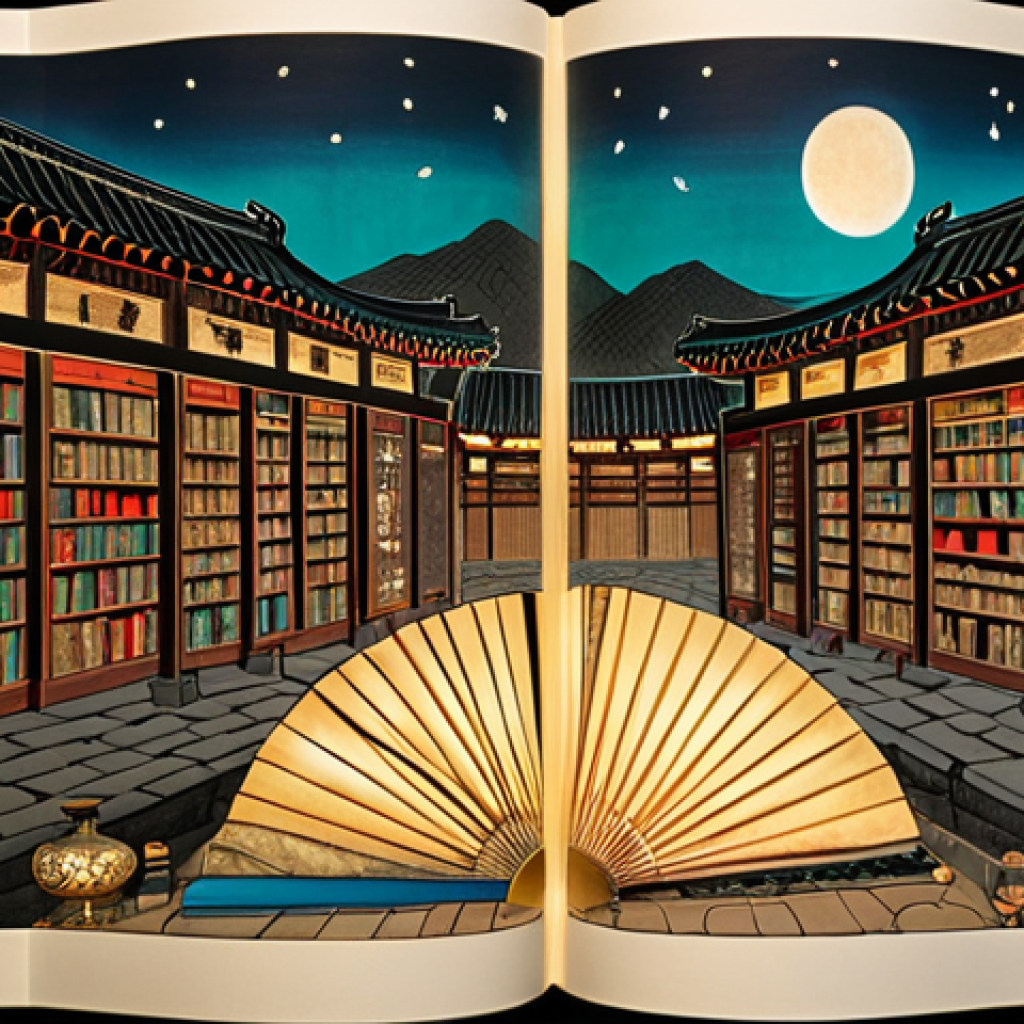 **Prompt:** An epic visual journey of Korean literature: Begin with a tranquil, ancient Korean setting where a traditional Pansori storyteller captivates an audience by firelight. This scene seamlessly transitions into a collection of antique Korean scrolls and classical written works. Gradually, these elements evolve into a bustling modern cityscape, prominently featuring a contemporary library or bookstore. From the heart of this modern scene, a vibrant cascade of modern Korean novel covers emerges, spiraling outwards to beautifully encompass a glowing global map, subtly hinting at international literary awards. The image embodies the transformation from deep historical roots to widespread global literary recognition, blending traditional artistry with modern dynamism. High detail, evocative lighting, blend of historical and contemporary styles.