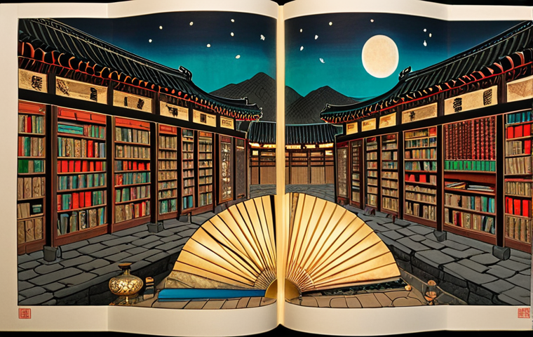 **Prompt:** An epic visual journey of Korean literature: Begin with a tranquil, ancient Korean setting where a traditional Pansori storyteller captivates an audience by firelight. This scene seamlessly transitions into a collection of antique Korean scrolls and classical written works. Gradually, these elements evolve into a bustling modern cityscape, prominently featuring a contemporary library or bookstore. From the heart of this modern scene, a vibrant cascade of modern Korean novel covers emerges, spiraling outwards to beautifully encompass a glowing global map, subtly hinting at international literary awards. The image embodies the transformation from deep historical roots to widespread global literary recognition, blending traditional artistry with modern dynamism. High detail, evocative lighting, blend of historical and contemporary styles.