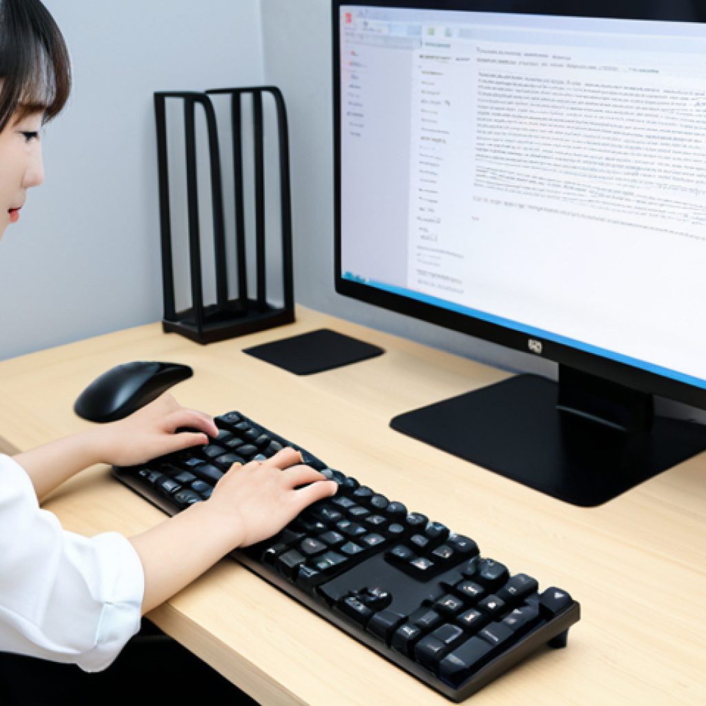 A professional, determined woman sitting at a clean, modern desk, focusing on a computer screen displaying a Korean language typing practice website. Her hands are positioned over a Korean keyboard, illustrating the initial challenge and gradual improvement in learning Hangul typing. She is fully clothed in modest, professional attire. The environment is a well-lit, contemporary study space. Perfect anatomy, correct proportions, natural pose, well-formed hands, proper finger count, natural body proportions. Safe for work, appropriate content, professional, high quality, professional photography.