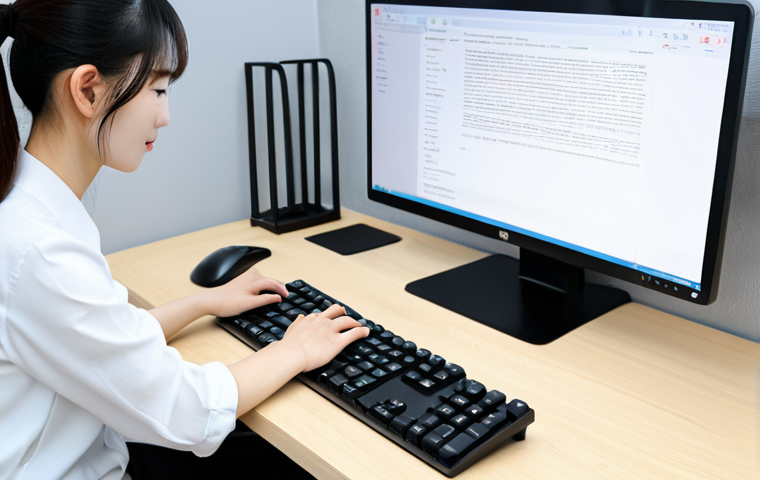 A professional, determined woman sitting at a clean, modern desk, focusing on a computer screen displaying a Korean language typing practice website. Her hands are positioned over a Korean keyboard, illustrating the initial challenge and gradual improvement in learning Hangul typing. She is fully clothed in modest, professional attire. The environment is a well-lit, contemporary study space. Perfect anatomy, correct proportions, natural pose, well-formed hands, proper finger count, natural body proportions. Safe for work, appropriate content, professional, high quality, professional photography.