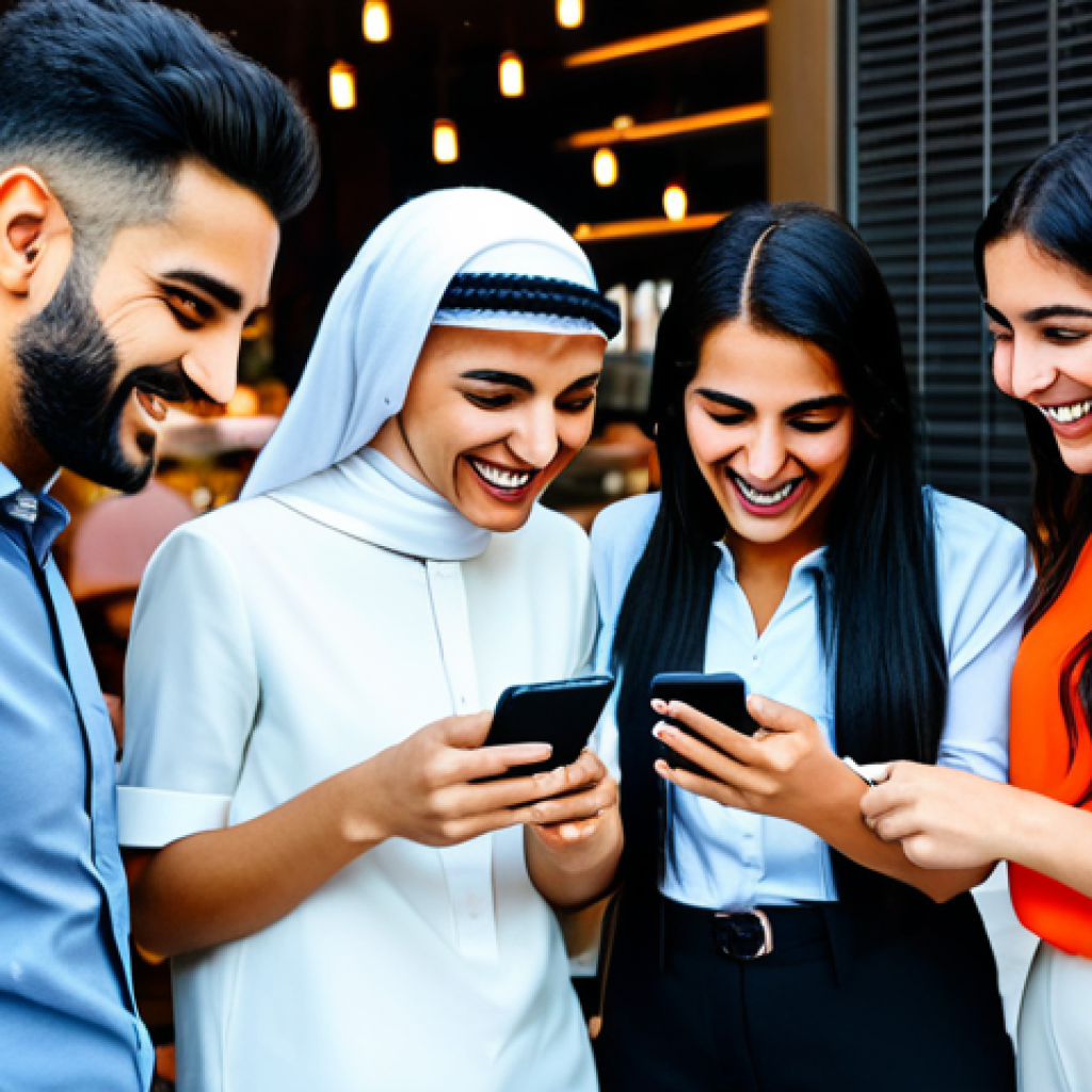 한글과 메신저 채팅 문화 - **Image:** A group of diverse friends, fully clothed in modern modest attire, laughing together whil...