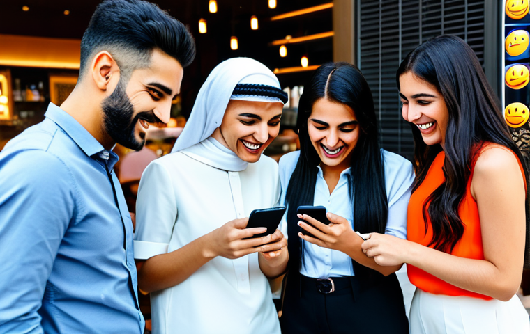 한글과 메신저 채팅 문화 - **Image:** A group of diverse friends, fully clothed in modern modest attire, laughing together whil...