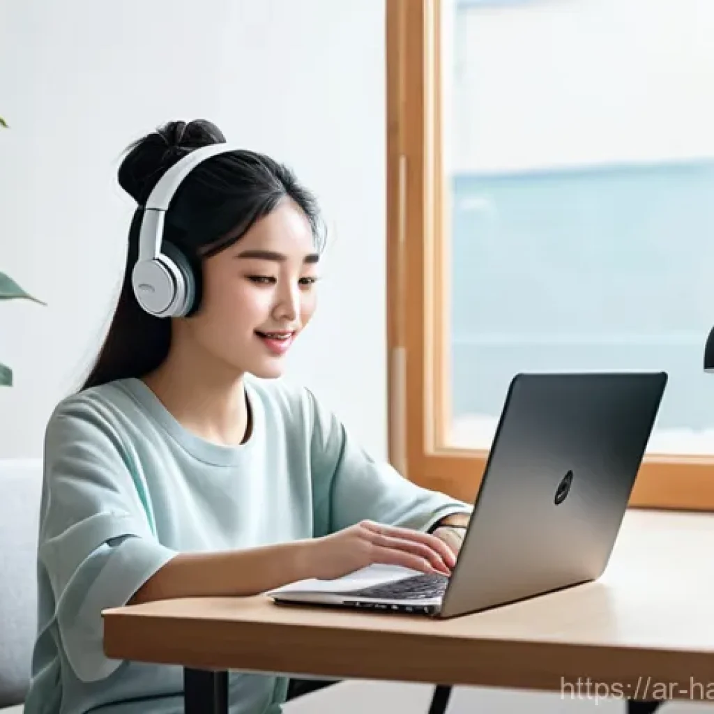 온라인 한글 학습 사이트 - **Prompt:** A young Arab woman in her late teens or early twenties, sitting comfortably at a clean, ...