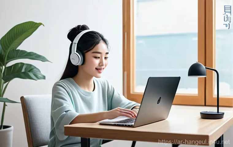 온라인 한글 학습 사이트 - **Prompt:** A young Arab woman in her late teens or early twenties, sitting comfortably at a clean, ...