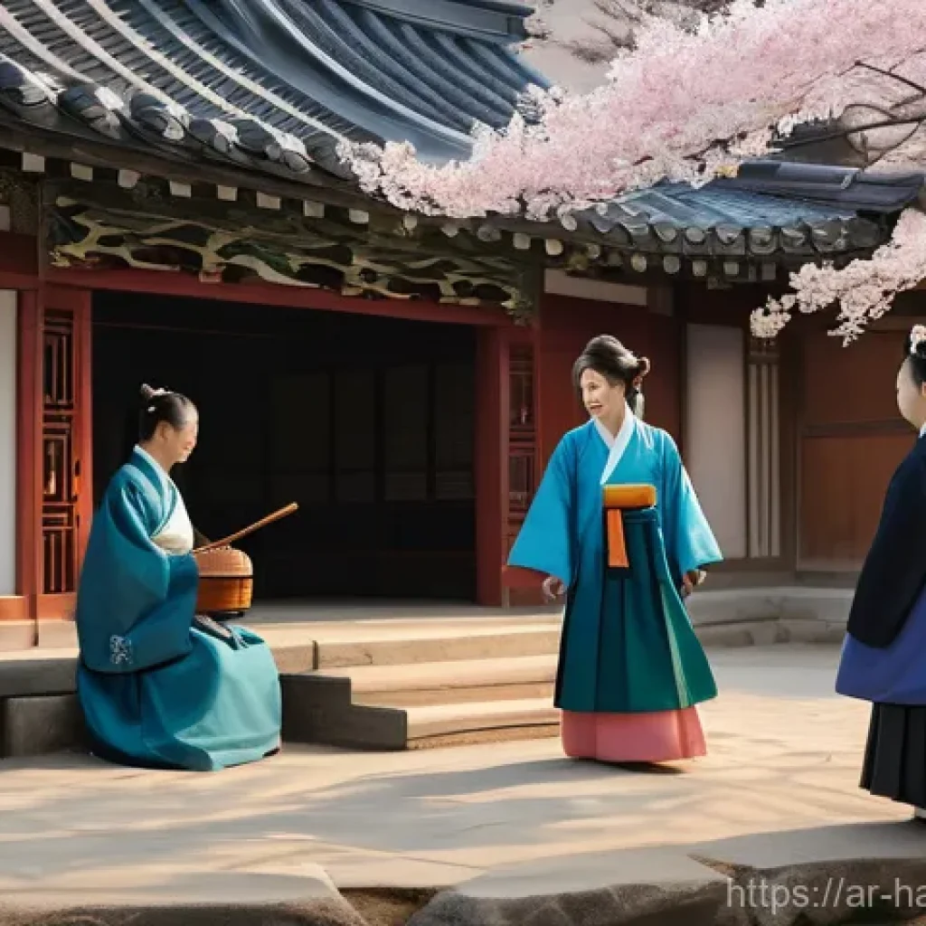 한글 시조의 특징 - **Prompt:** A tranquil scene from the Joseon Dynasty (1392-1910) depicting a group of Korean scholar...