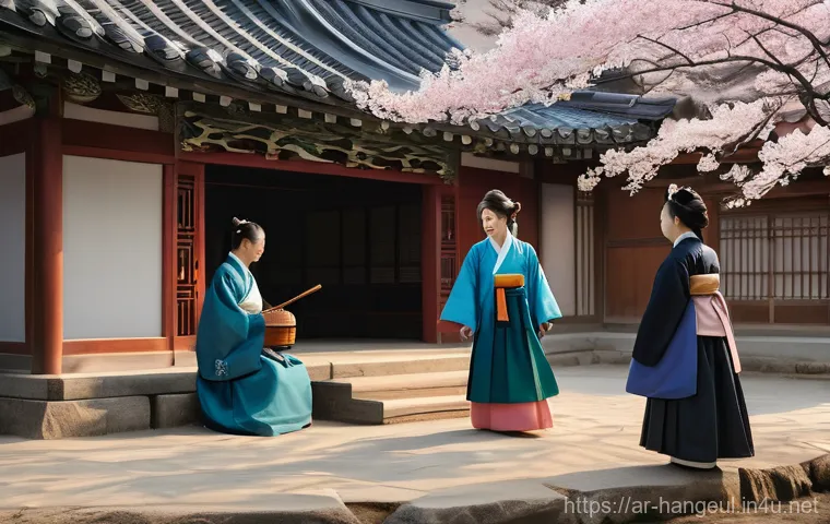 한글 시조의 특징 - **Prompt:** A tranquil scene from the Joseon Dynasty (1392-1910) depicting a group of Korean scholar...