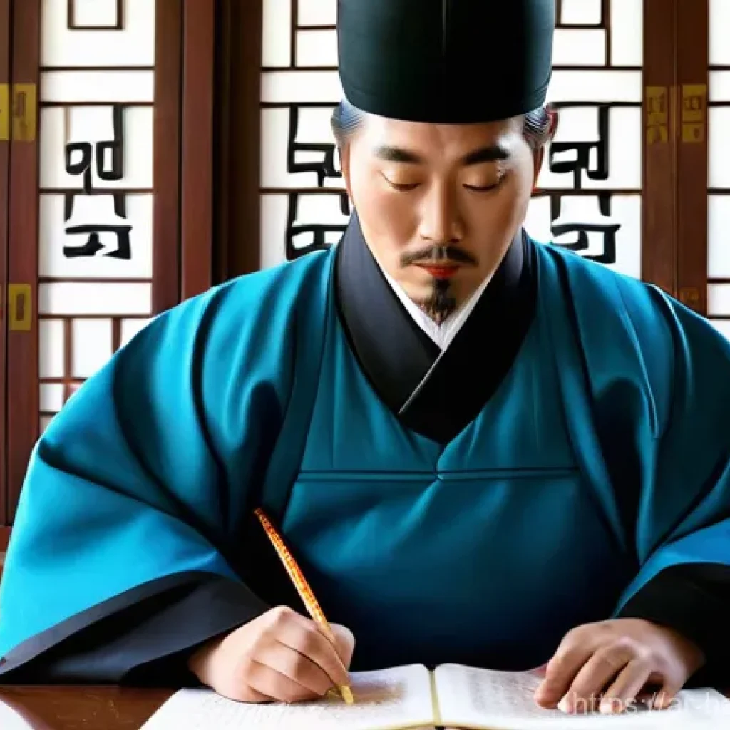 한글 서체의 발전사 - **King Sejong's Grand Vision for Hangul:**
"A regal depiction of King Sejong the Great, dressed ...