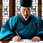 한글 서체의 발전사 - **King Sejong's Grand Vision for Hangul:**
    "A regal depiction of King Sejong the Great, dressed ...