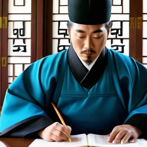한글 서체의 발전사 - **King Sejong's Grand Vision for Hangul:**
    "A regal depiction of King Sejong the Great, dressed ...