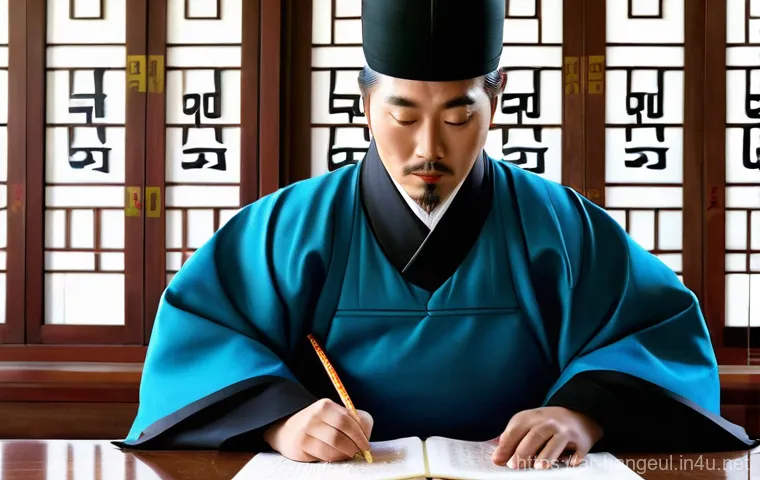 한글 서체의 발전사 - **King Sejong's Grand Vision for Hangul:**
"A regal depiction of King Sejong the Great, dressed ...